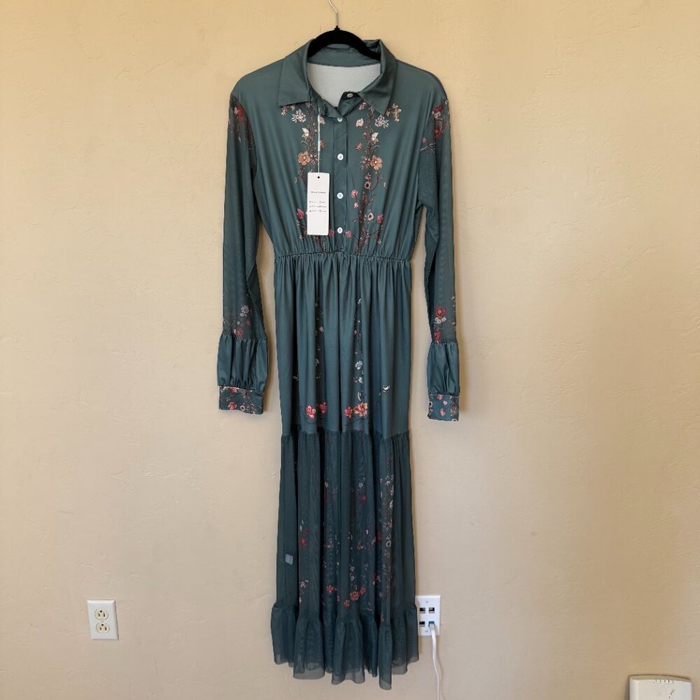Dark Teal Floral Maxi Dress Size Large Long Sleeve Cottagecore Boho Romantic Dre - Picture 2 of 4